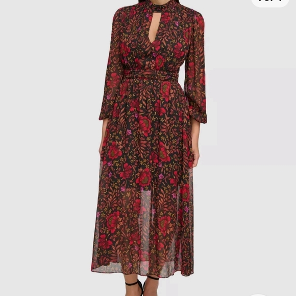 Guess Womens Black Floral Chiffon Long Sleeve Cutout Lace Up Maxi Dress 6 - Picture 2 of 9